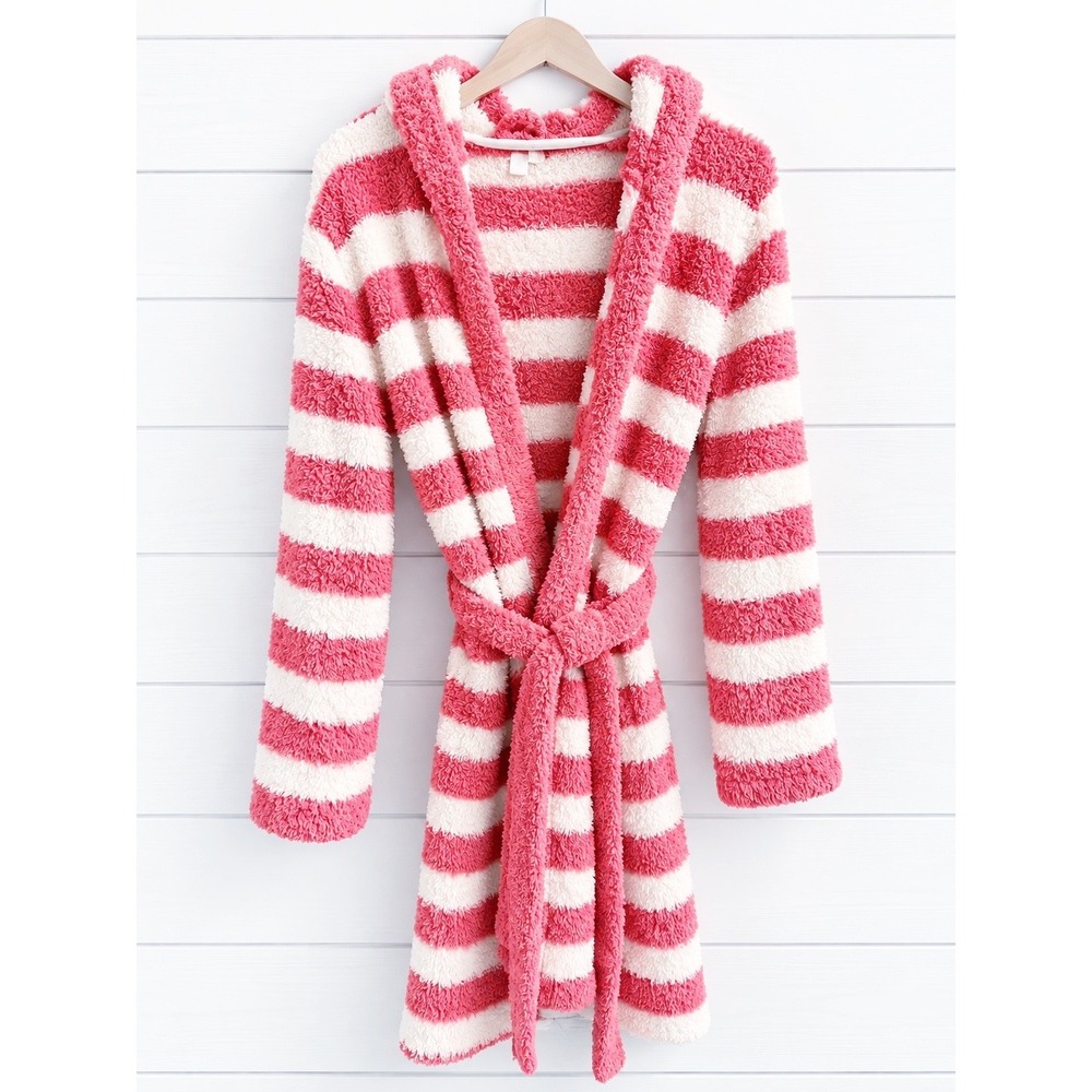 Barefoot Dreams Women's 1 Pink Cream Striped Sherpa Fleece Robe Plush Bathrobe